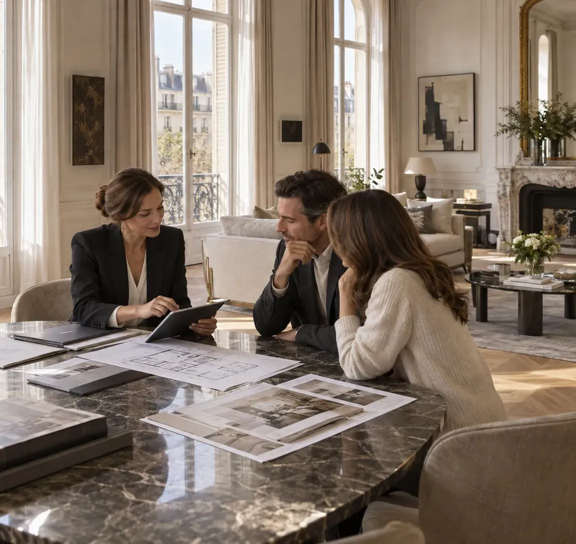 Estimation d'un appartement à Paris 4e : une conseillère immobilière présente l'avis de valeur à un couple de propriétaires, plans du bien sur la table