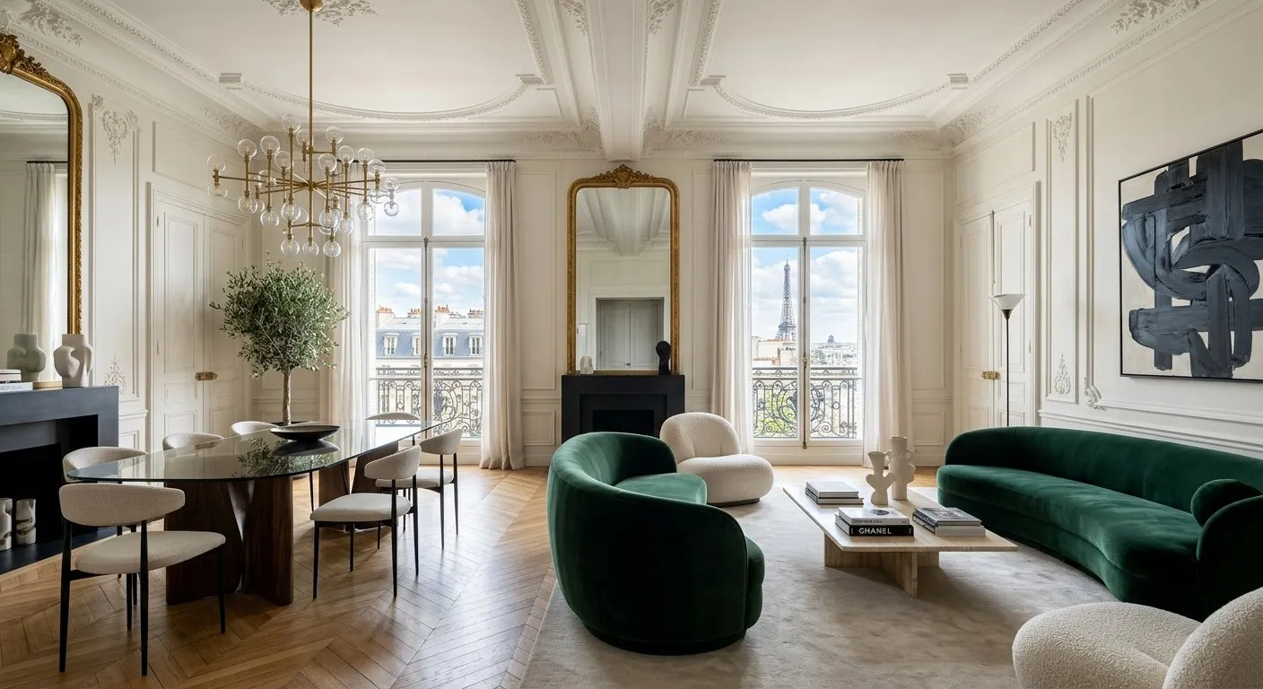 Salon haussmannien avec vue sur la tour Eiffel